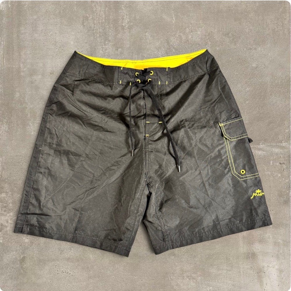 Y2K Miami Style Black Board Shorts‎ Yellow Contrast Stitch Surf Swim Trunks M
